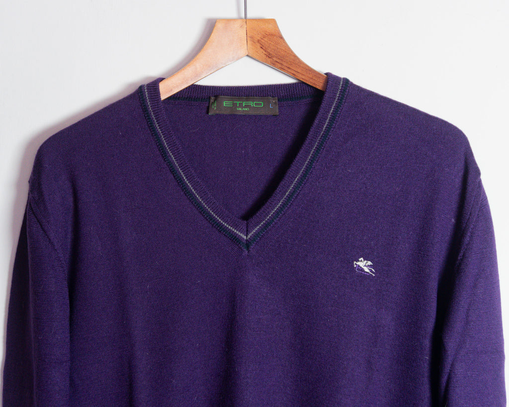 Suéter Etro morado de lana con cuello en V — Talla L