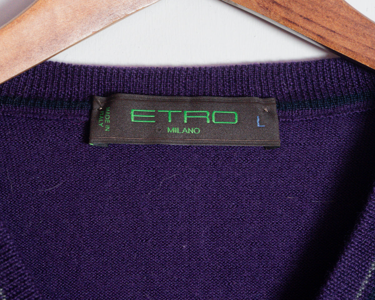 Suéter Etro morado de lana con cuello en V — Talla L