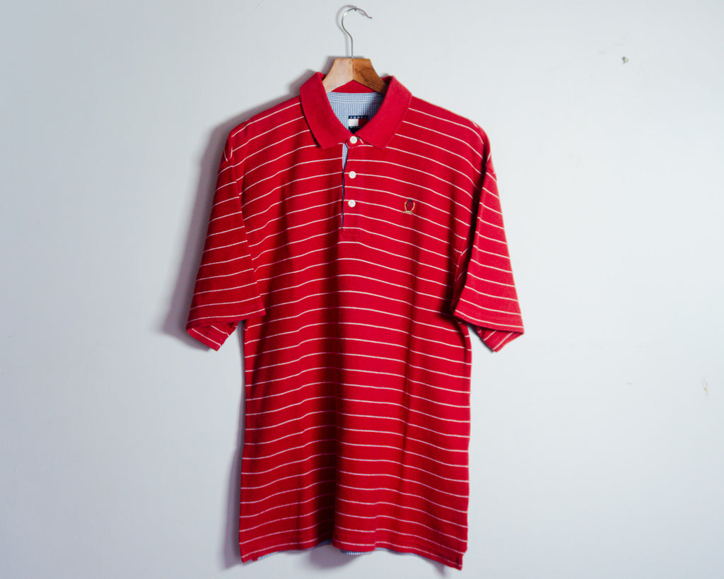 Polera polo Tommy Hilfiger vintage roja a rayas — Talla XL